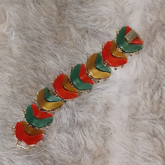 Vintage Bracelet Link Green Orange 7" Chunky Jewelry - Picture 2 of 7